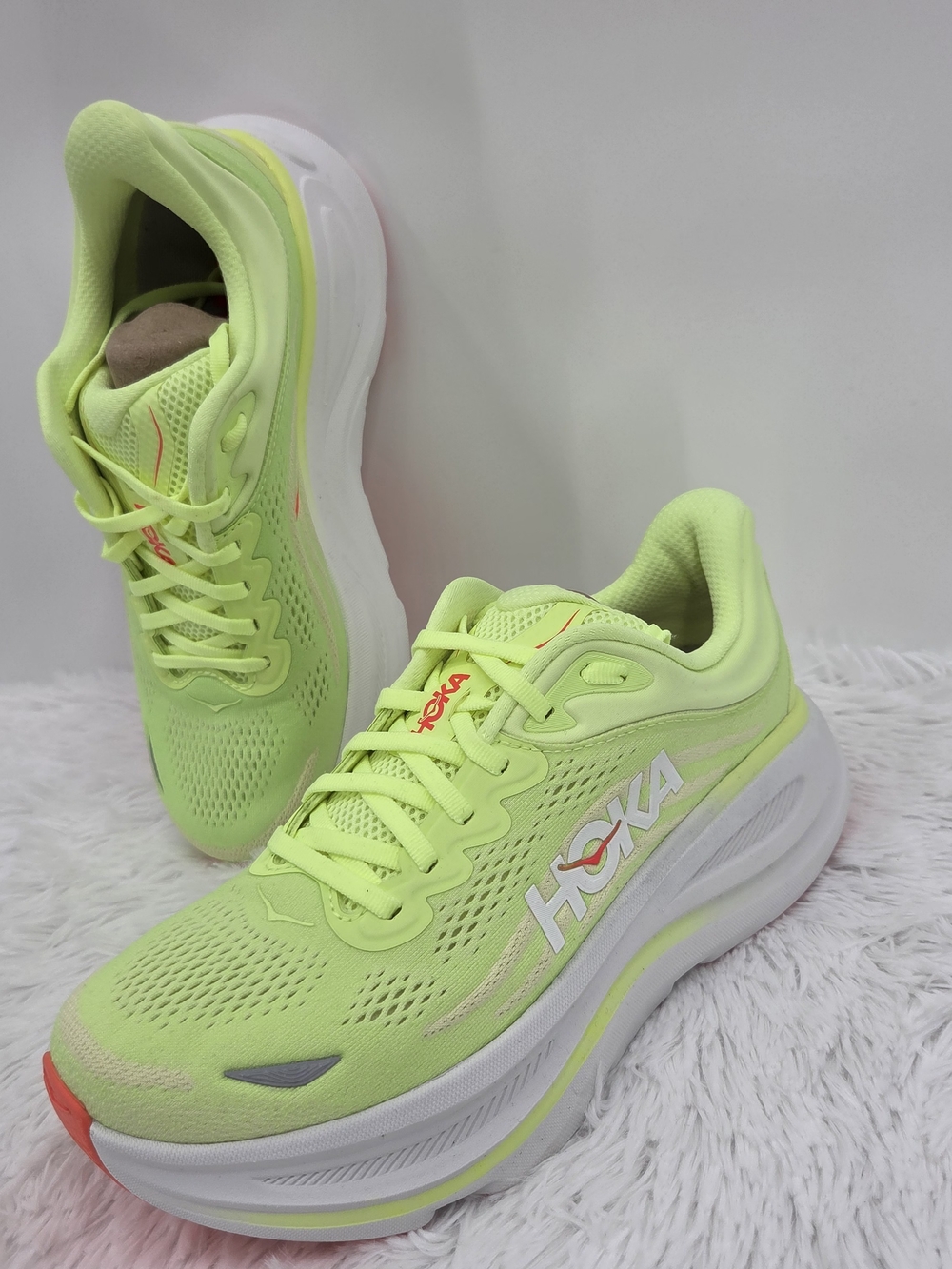 HOKA Bondi 9 Womens Size 9 Neon Lime White Cushioned Running Shoes New No Box
